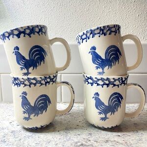 Vintage Collectable Tienshan Folk Craft Sponge Rooster Stoneware Coffee Cups x4